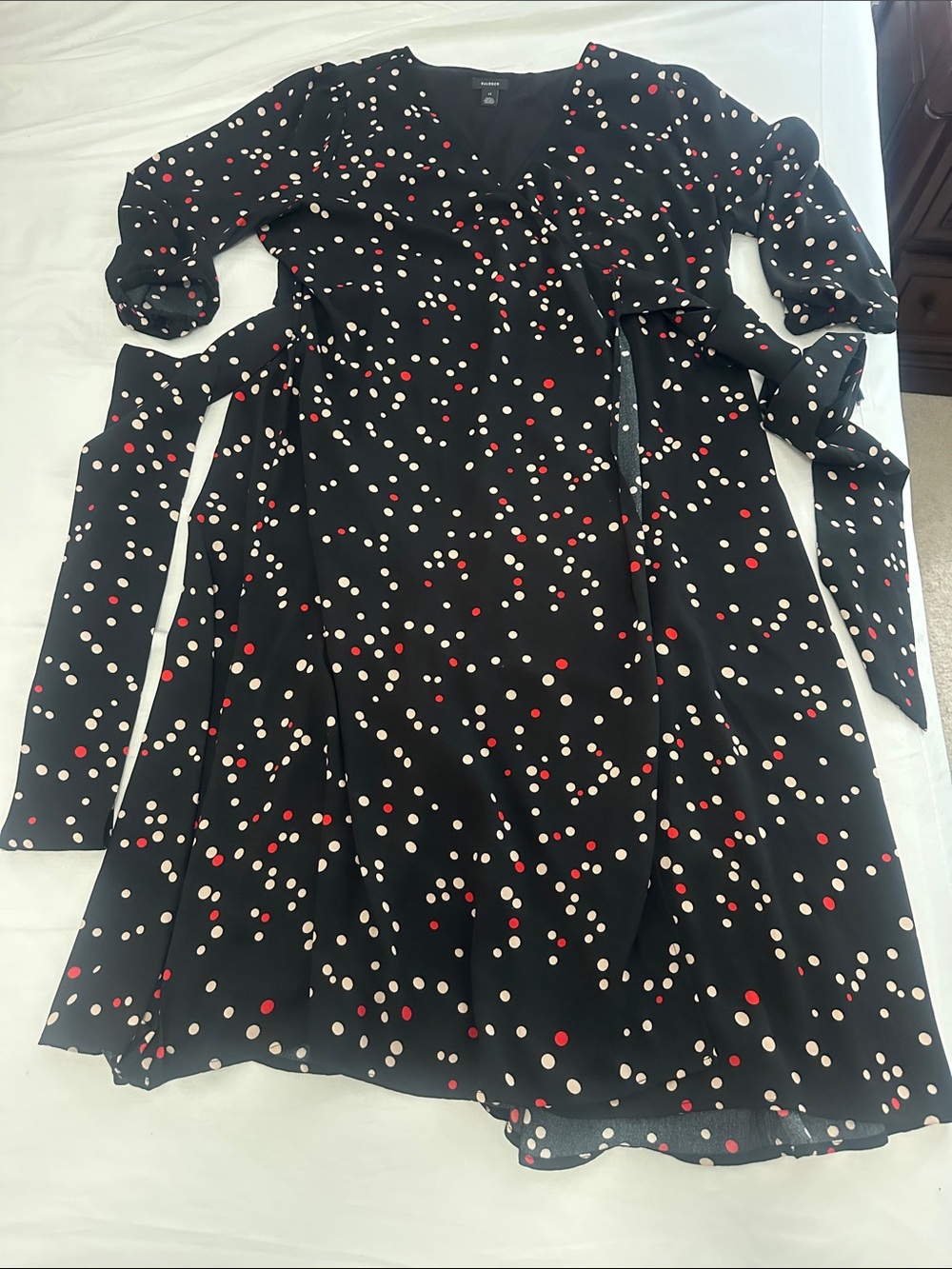 Halogen XL Black Polka Dot Wrap Midi Dress with Red & Cream Dots & 3/4 sleeves